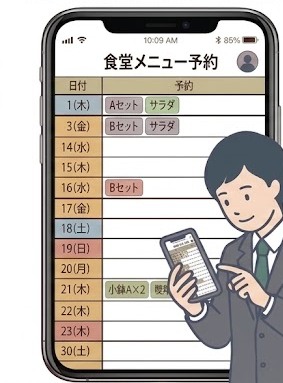 スマートフォンで食堂メニューを予約する画面のイメージ